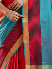 Vervee Couture Red Silk Blend Saree with Contrast Border | EKA