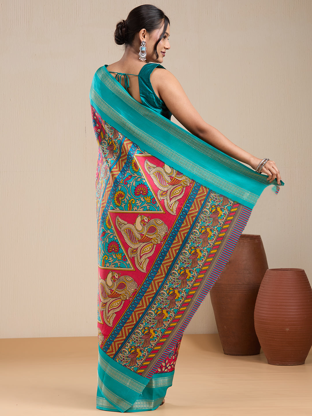 Vervee Couture Teal Red Floral Silk Blend Saree | EKA
