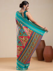 Vervee Couture Teal Red Floral Silk Blend Saree | EKA
