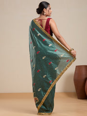 Vervee Couture Teal Green Silk Blend Saree with Ethnic Motifs and Semi Stitched Blouse | EKA