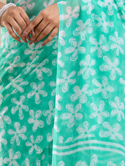 Vervee Couture Green Floral Poly Georgette Saree with Semi Stitched Blouse | EKA