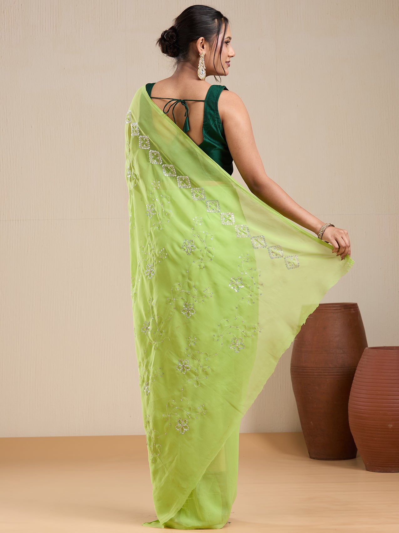 Vervee Couture Light Green Poly Georgette Saree with Sequinned Work | EKA