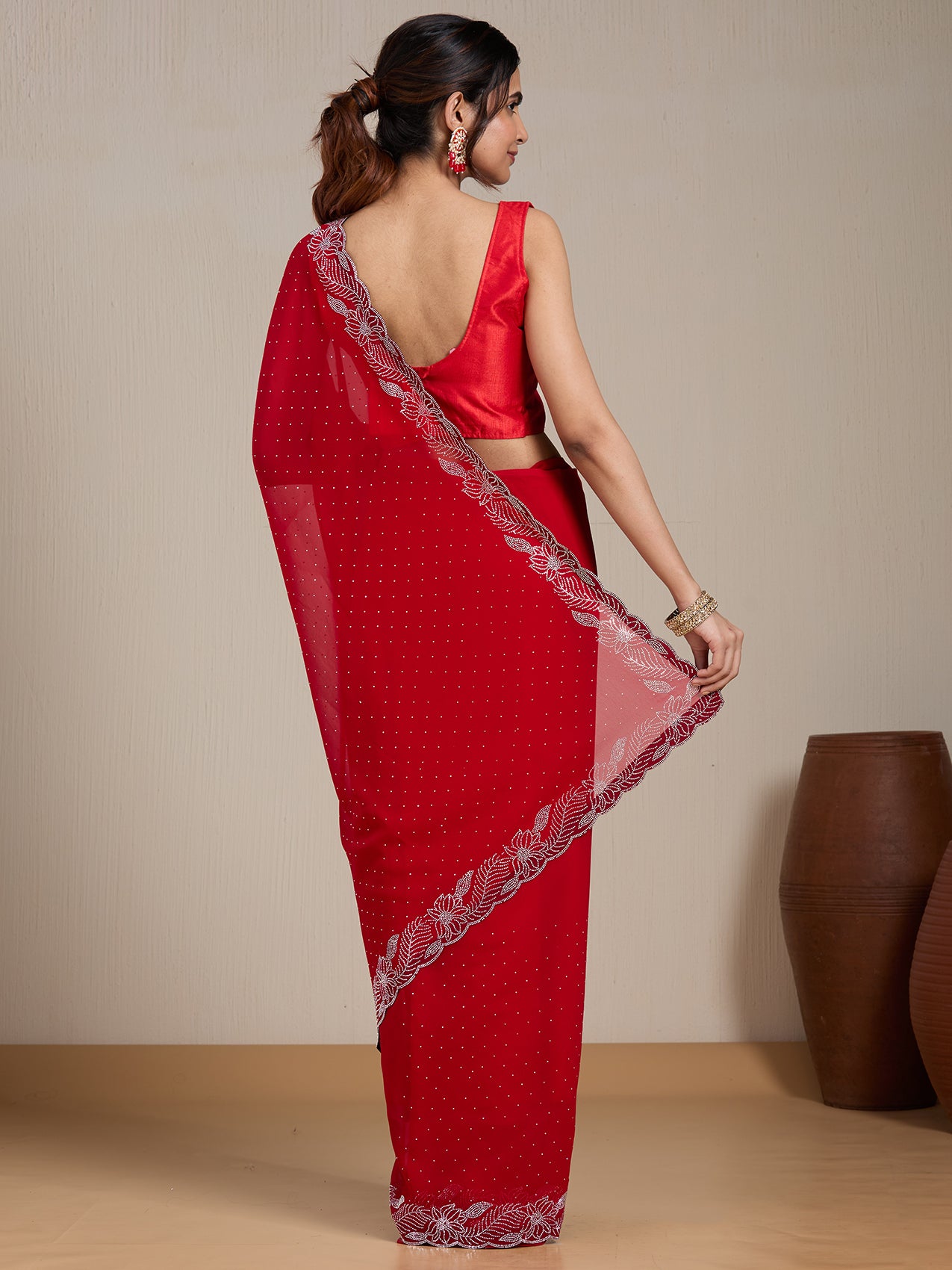 Vervee Couture Red Solid Poly Georgette Saree with Scalloped Border | EKA