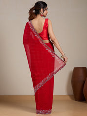 Vervee Couture Red Solid Poly Georgette Saree with Scalloped Border | EKA