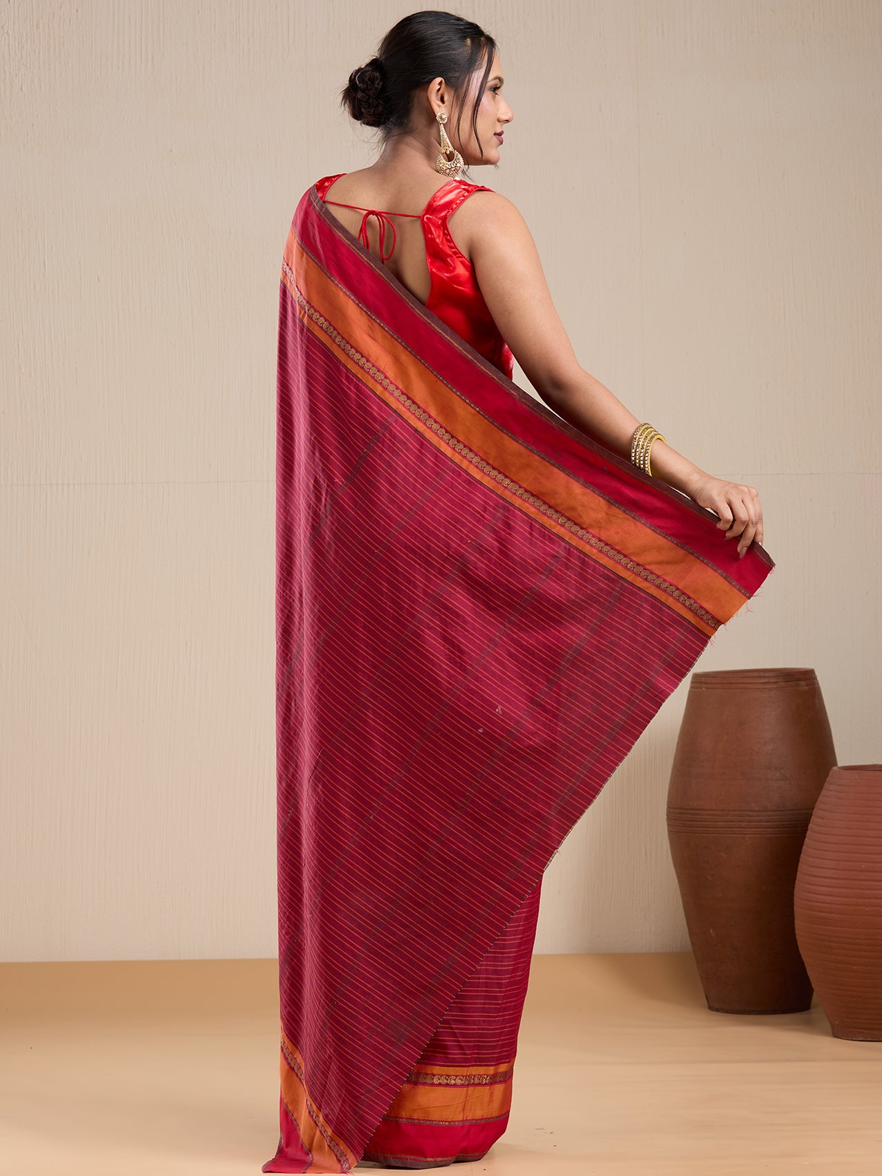 Vervee Couture Red Striped Silk Blend Saree with Contrast Border and Semi Stitched Blouse | EKA