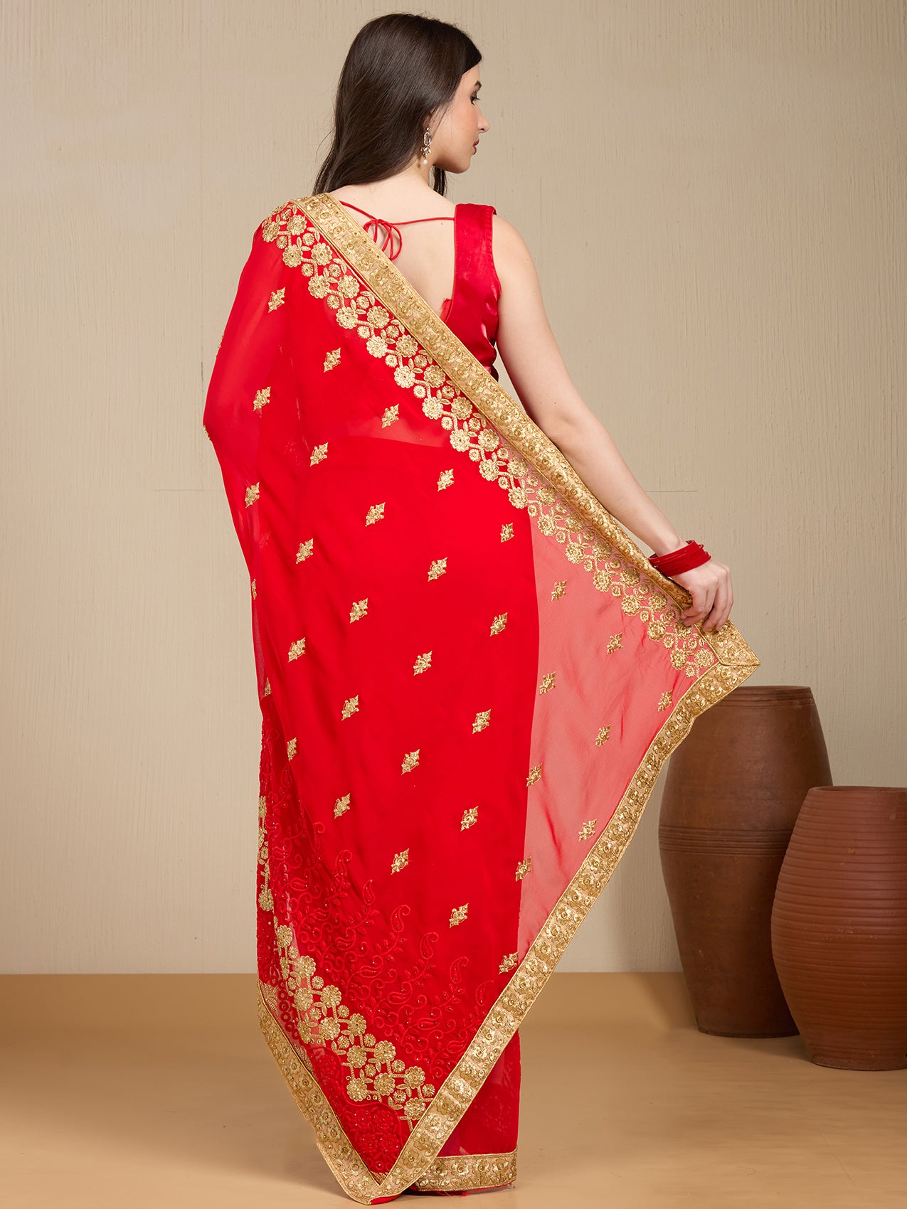 Vervee Couture Red Poly Georgette Saree with Heavy Zari Border | EKA