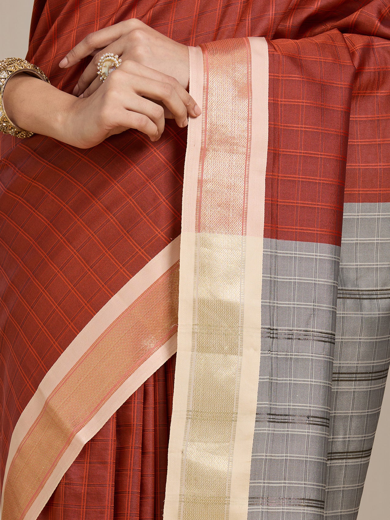 Vervee Couture Rust Grey Woven Silk Blend Saree | EKA