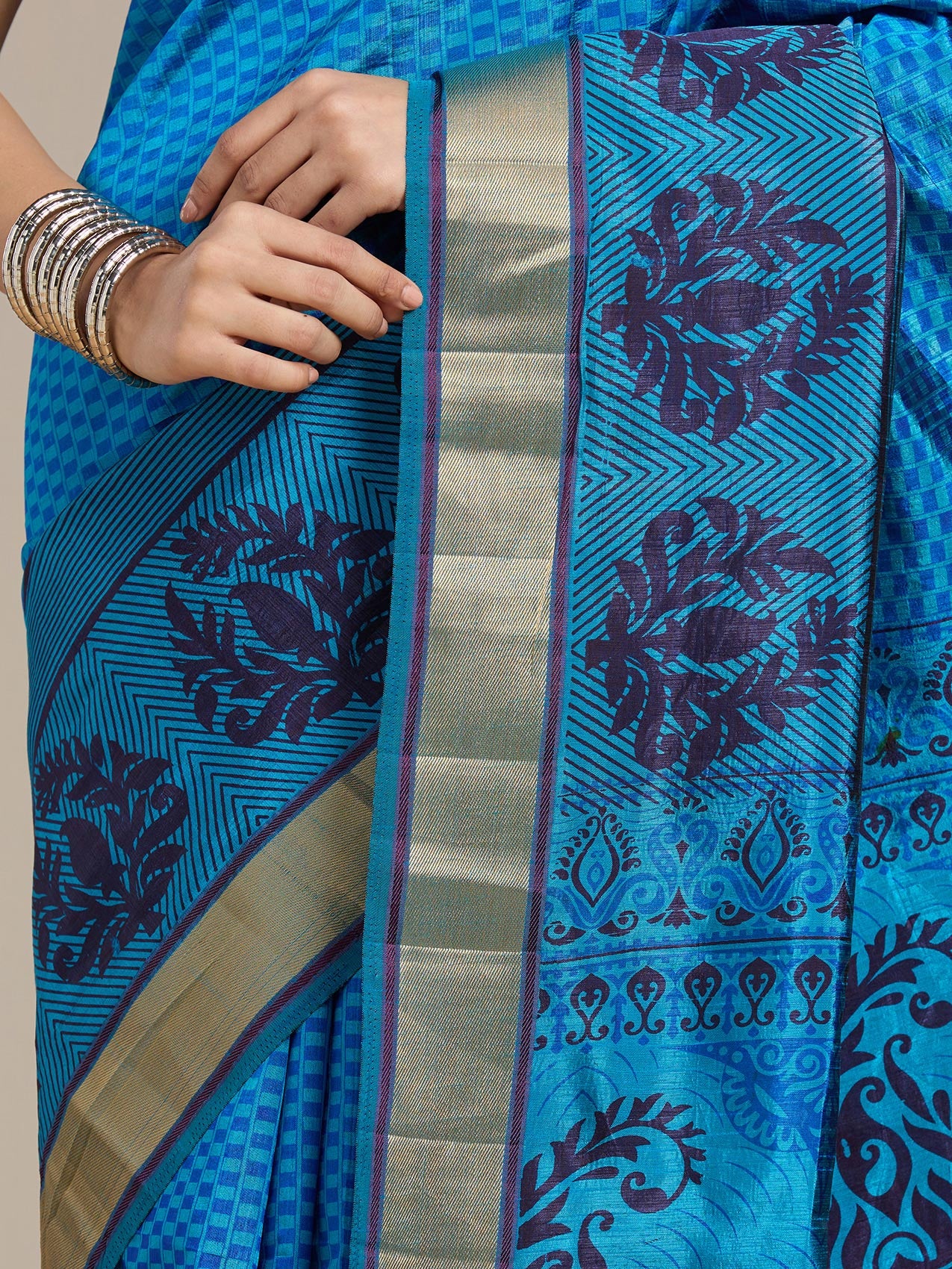 Vervee Couture Blue Gold Woven Silk Blend Saree | EKA