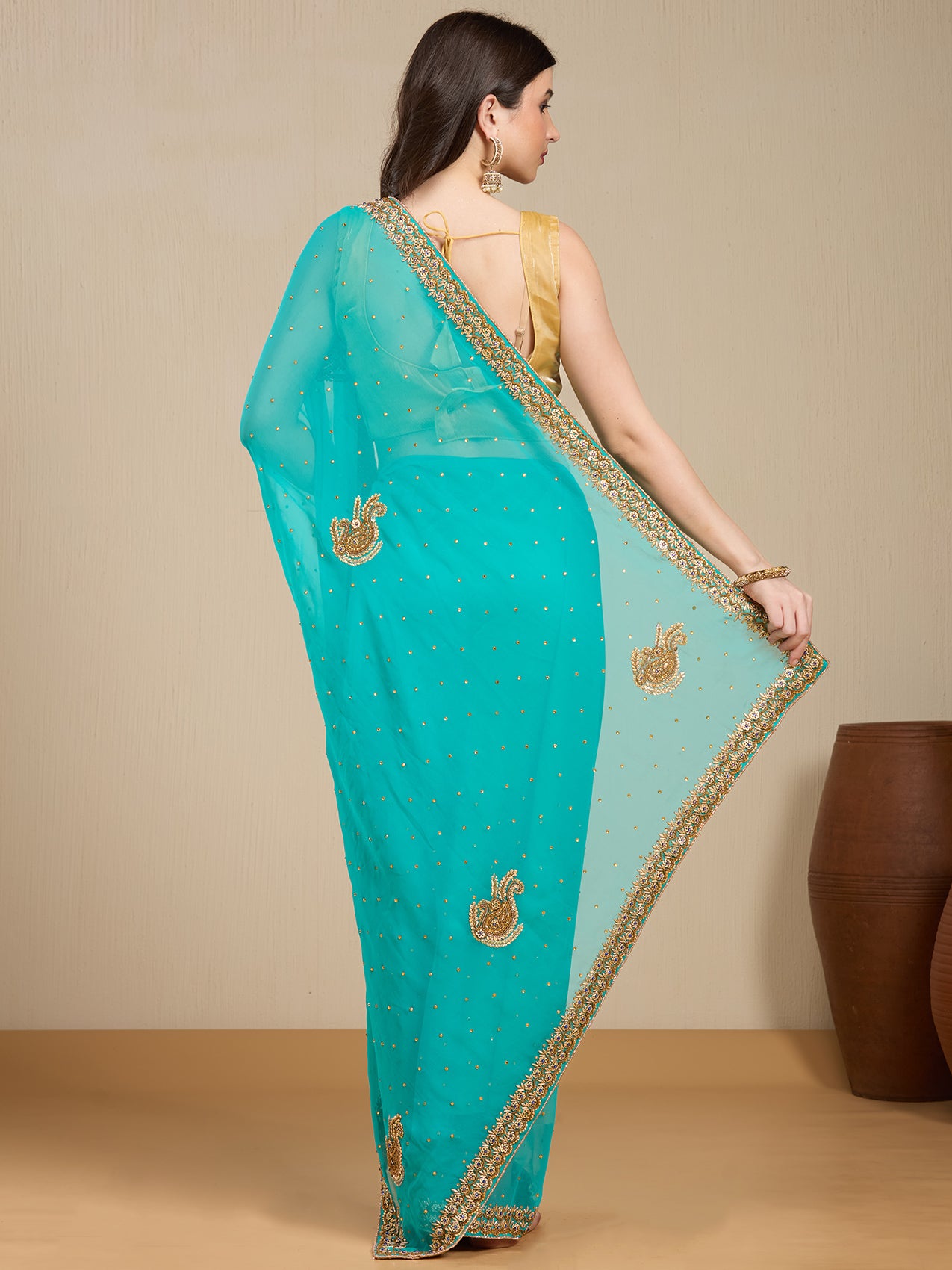 Vervee Couture Turquoise Blue Poly Georgette Saree with Embellished Border | EKA
