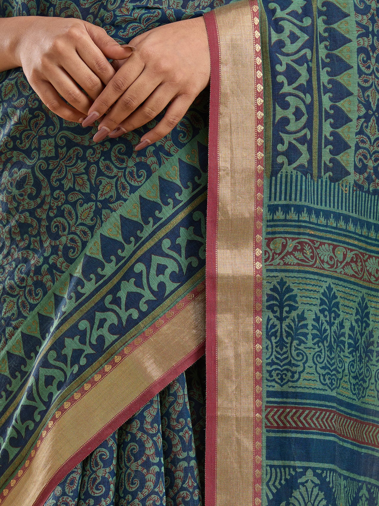 Vervee Couture Green Blue Woven Silk Blend Saree with Zari Border | EKA
