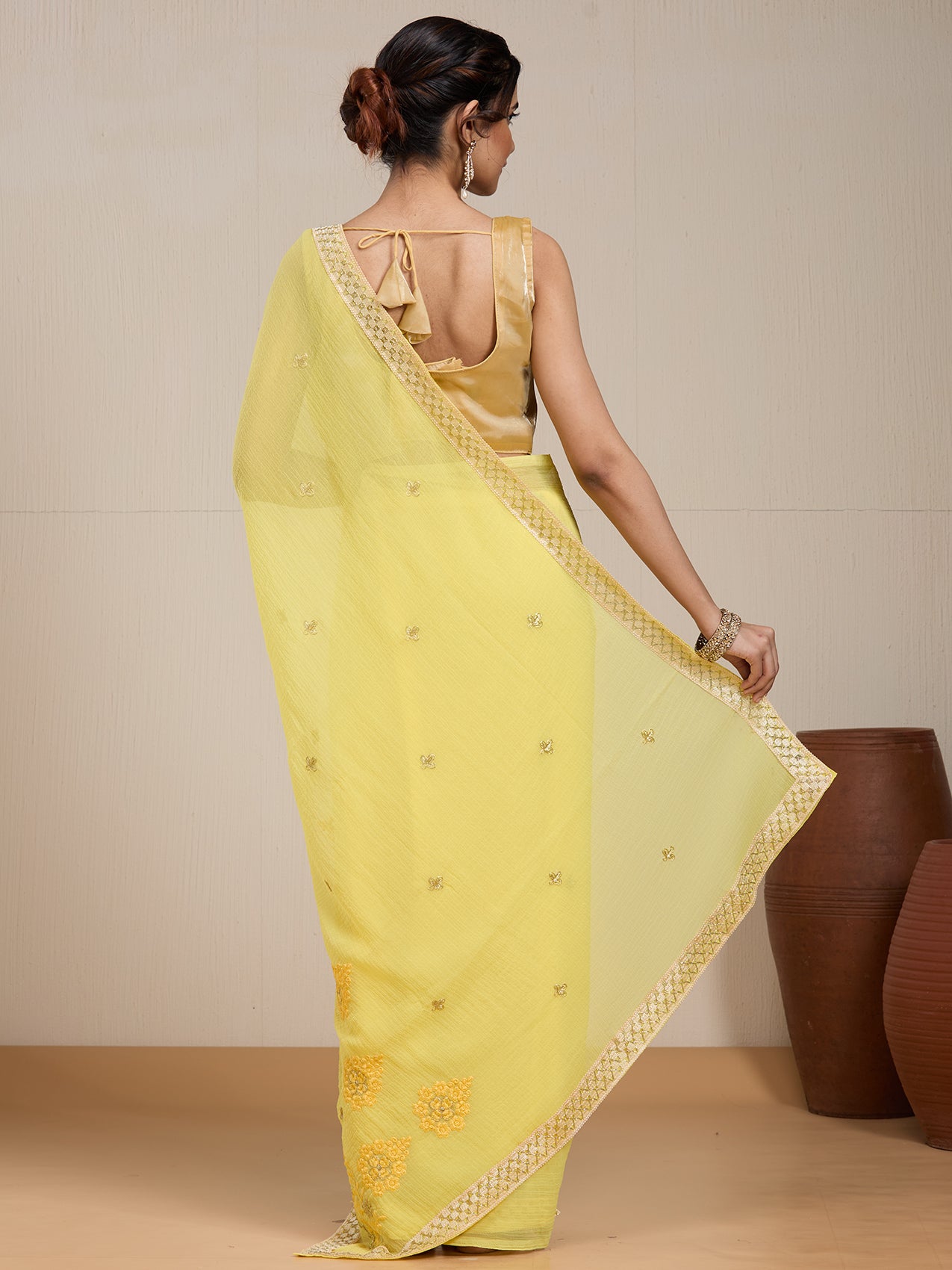 Vervee Couture Yellow White Floral Poly Georgette Saree | EKA