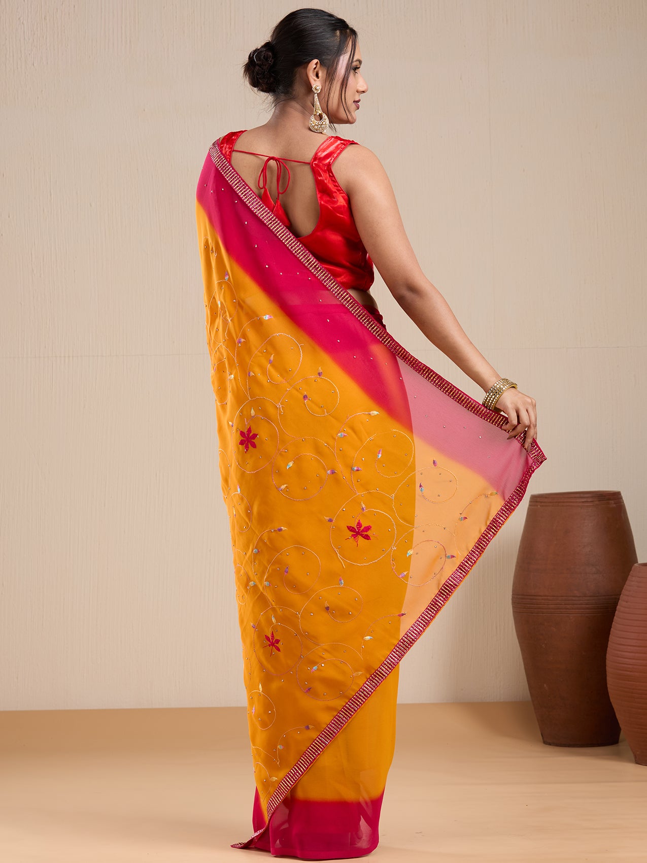 Vervee Couture Yellow Poly Georgette Saree with Contrast Border and Semi Stitched Blouse | EKA