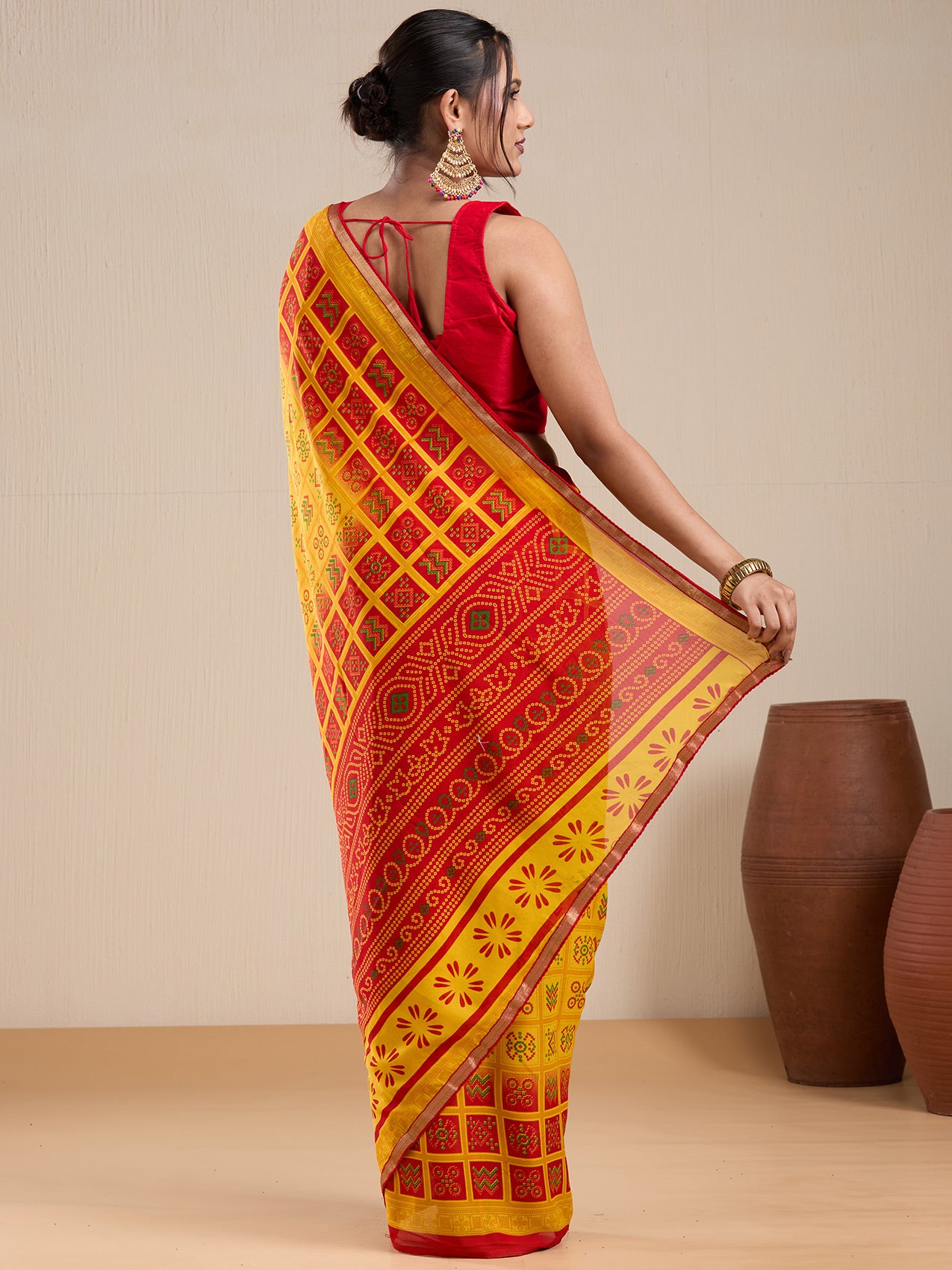 Vervee Couture Yellow Red Printed Poly Georgette Saree | EKA