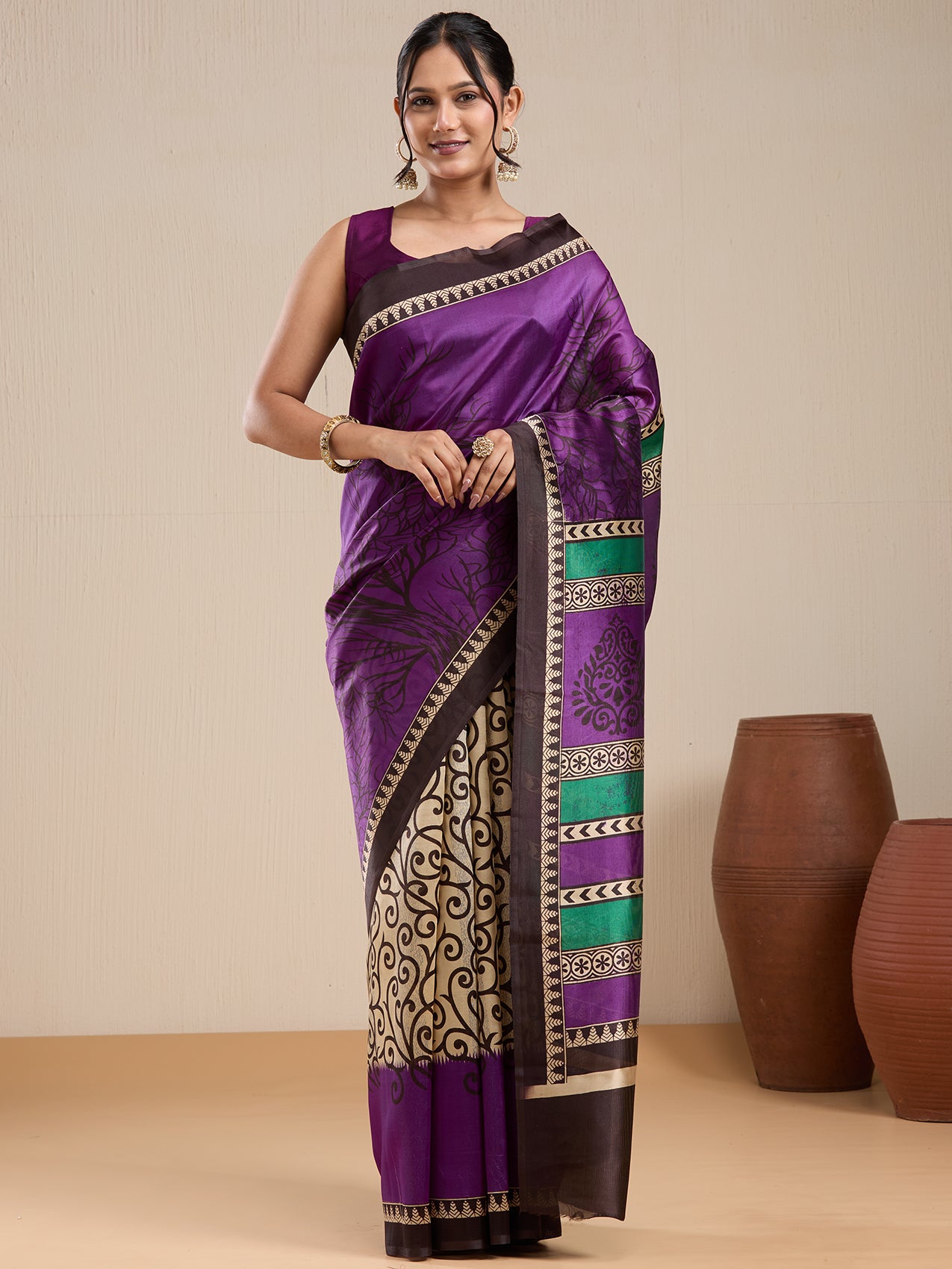 Vervee Couture Purple Beige Printed Silk Blend Saree with Semi Stitched Blouse | EKA