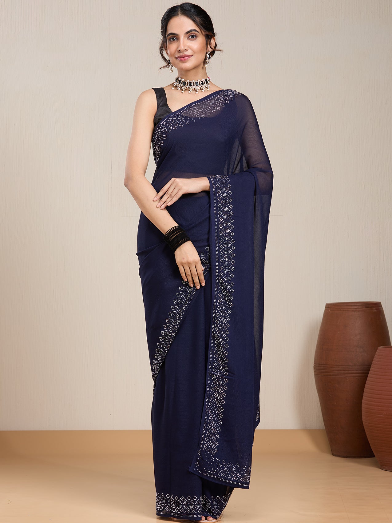Vervee Couture Navy Blue Embellished Poly Georgette Saree | EKA