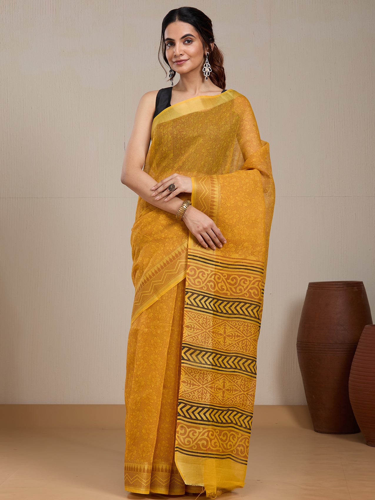 Vervee Couture Yellow Printed Silk Blend Saree with Ethnic Motif Border | EKA
