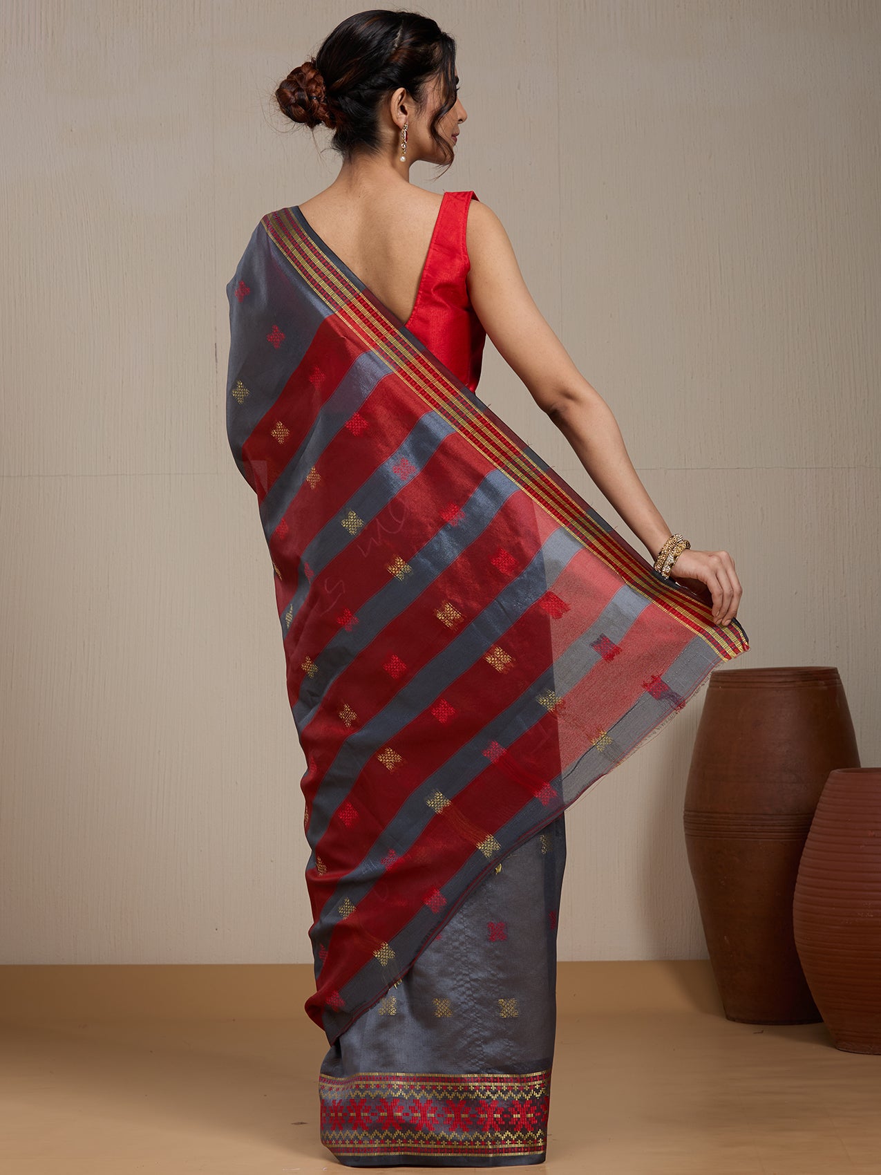 Vervee Couture Grey Silk Blend Saree with Zari Border and Semi Stitched Blouse | EKA