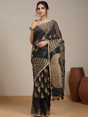 Vervee Couture Black Gold Printed Silk Blend Saree with Semi Stitched Blouse | EKA