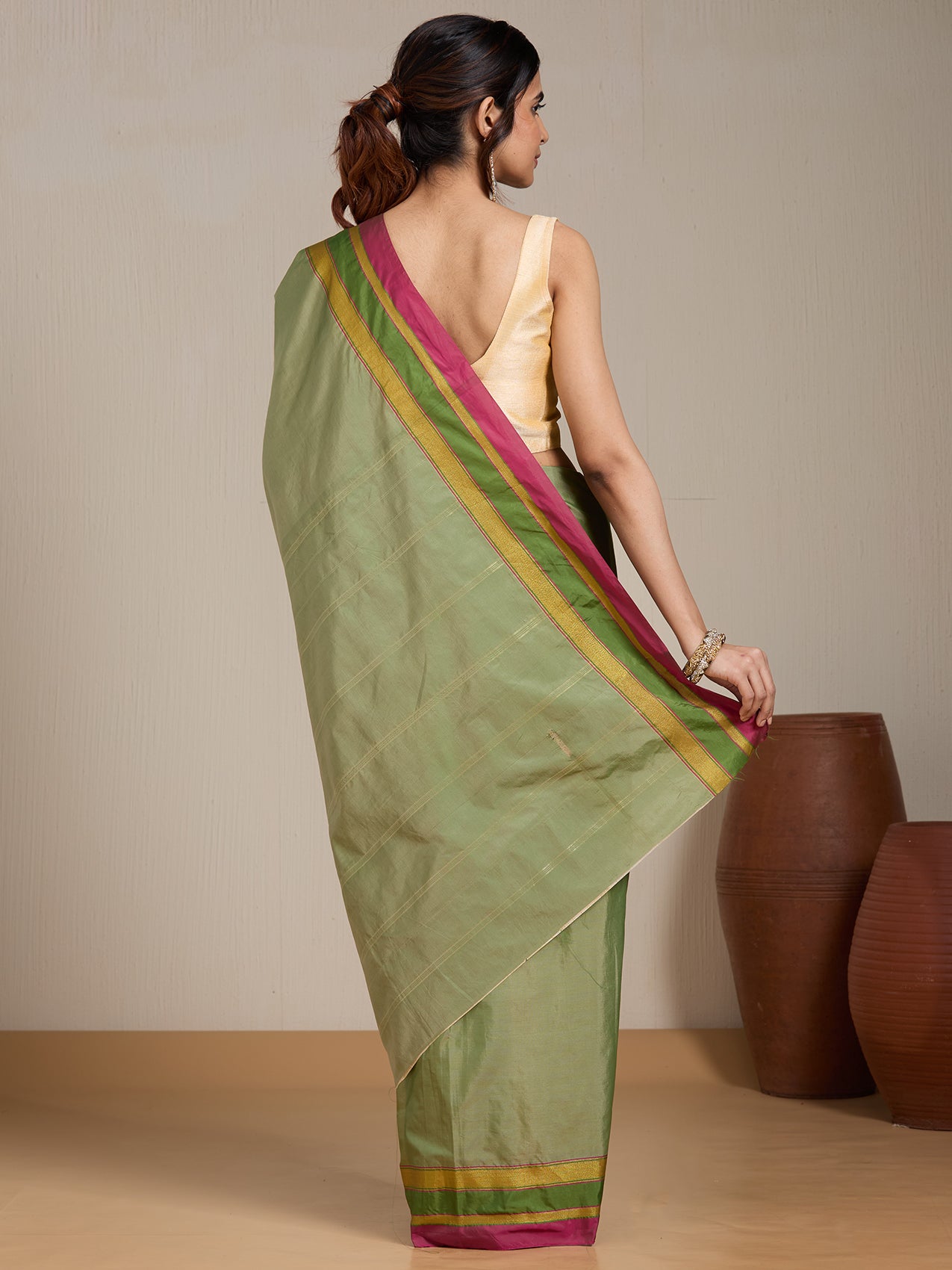 Vervee Couture Green Pink Silk Blend Saree with Zari Border | EKA