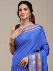 Vervee Couture Blue Silk Blend Saree with Striped Border | EKA