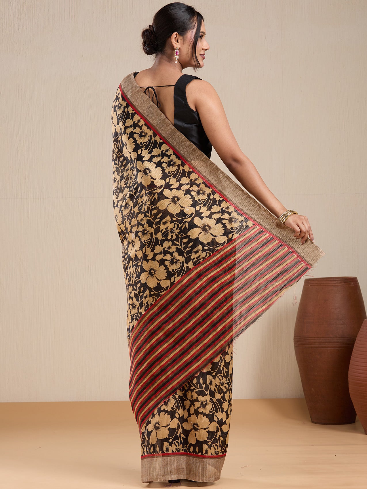 Vervee Couture Black Floral Silk Blend Saree with Contrast Border | EKA