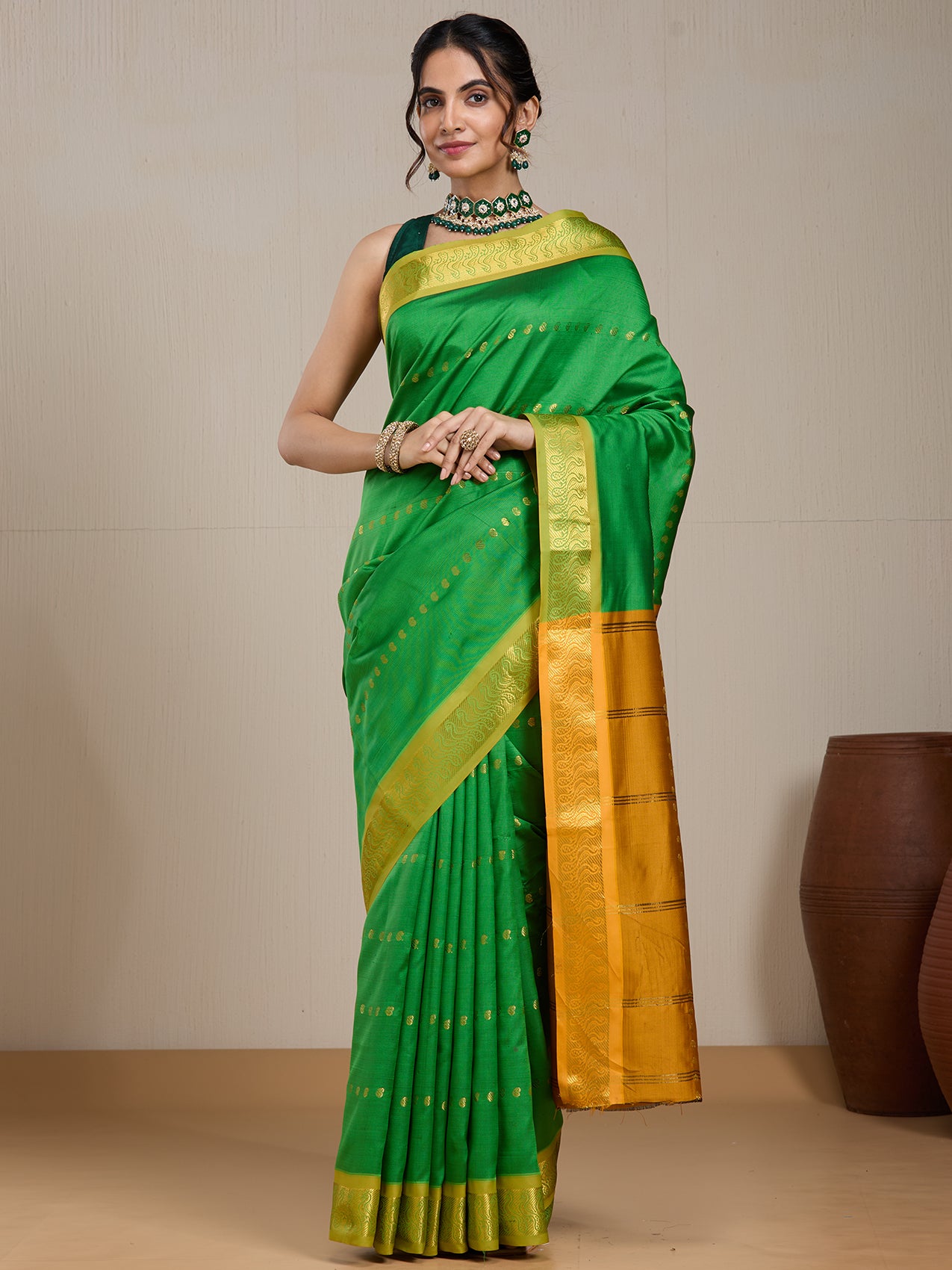 Vervee Couture Parrot Green Gold Woven Silk Blend Saree with Semi Stitched Blouse | EKA