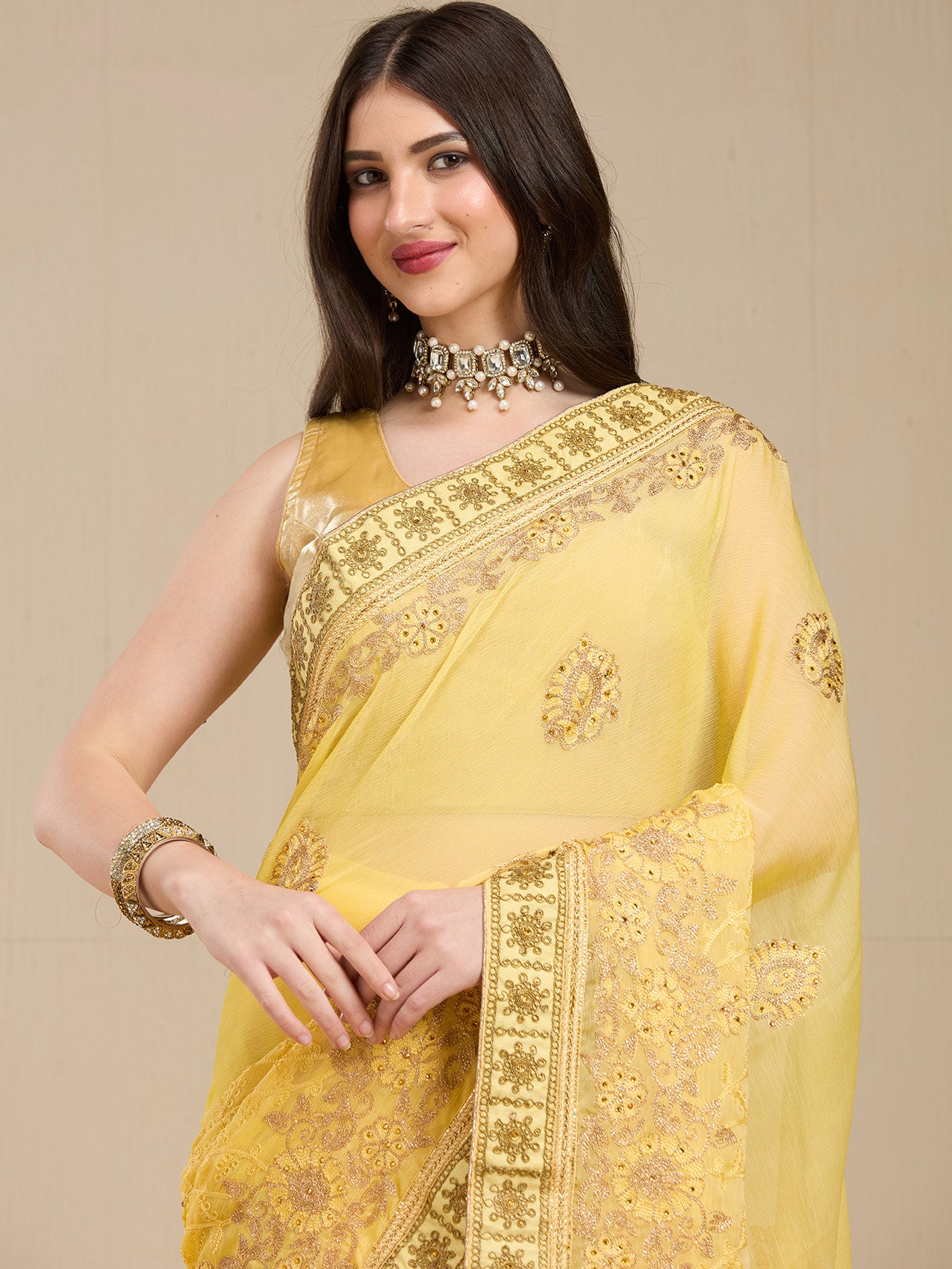 Vervee Couture Yellow Silk Blend Saree with Zari Embroidered Border | EKA