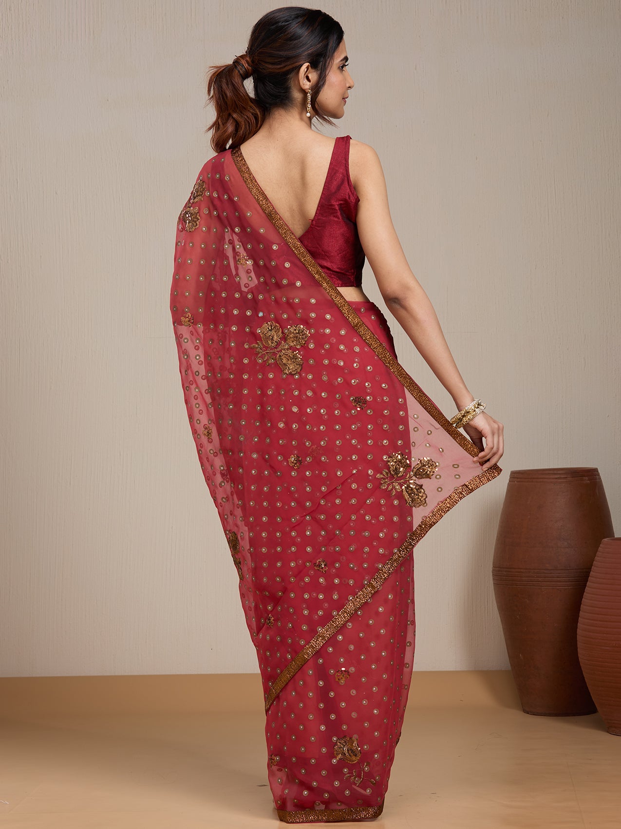Vervee Couture Red Embellished Poly Georgette Saree with Ethnic Motifs | EKA