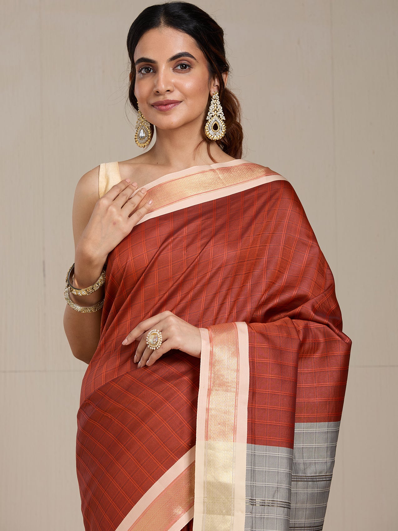 Vervee Couture Rust Grey Woven Silk Blend Saree | EKA