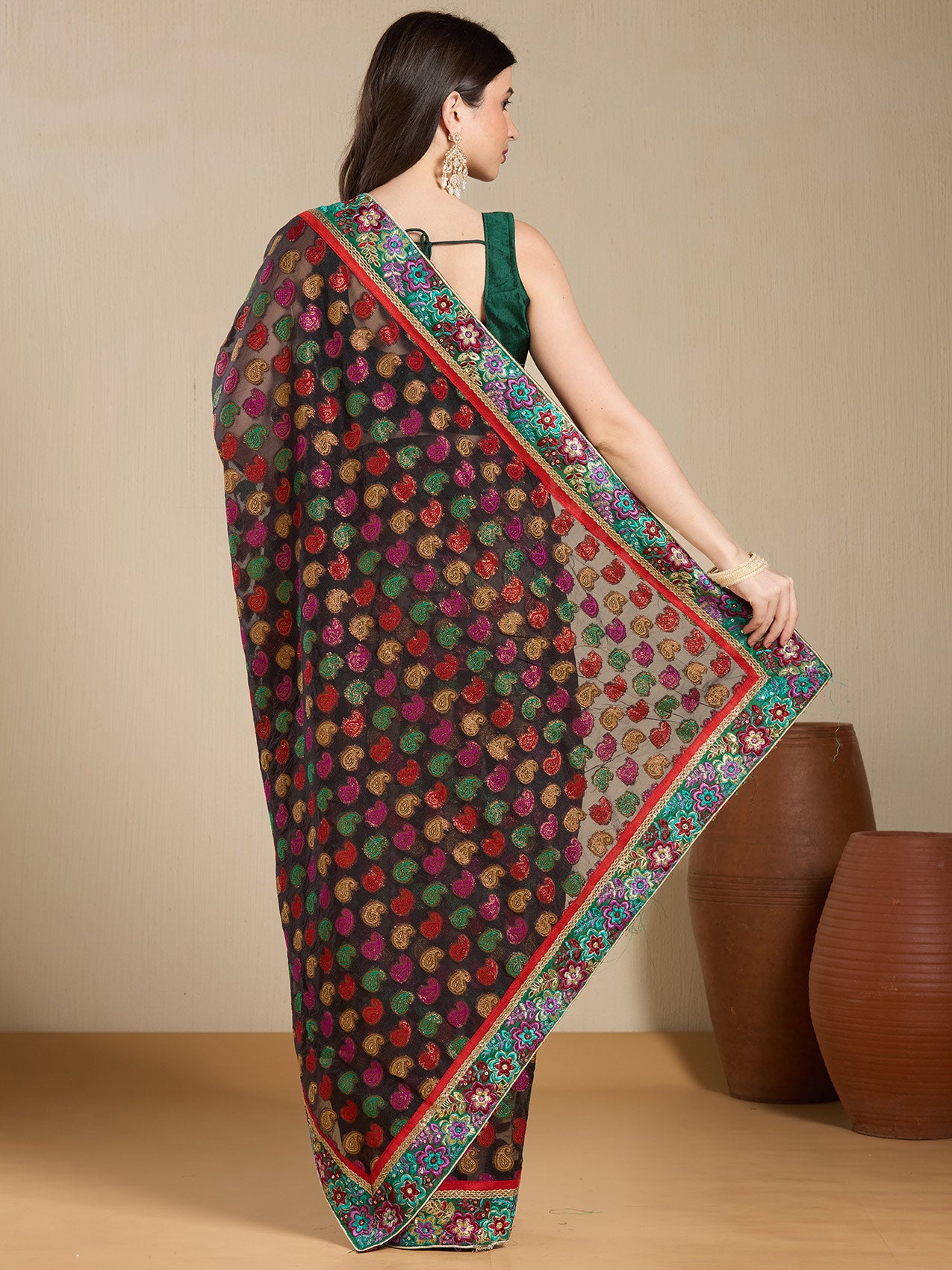 Vervee Couture Black Printed Poly Georgette Saree with Contrast Border | EKA