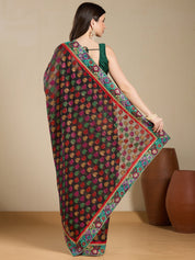 Vervee Couture Black Printed Poly Georgette Saree with Contrast Border | EKA