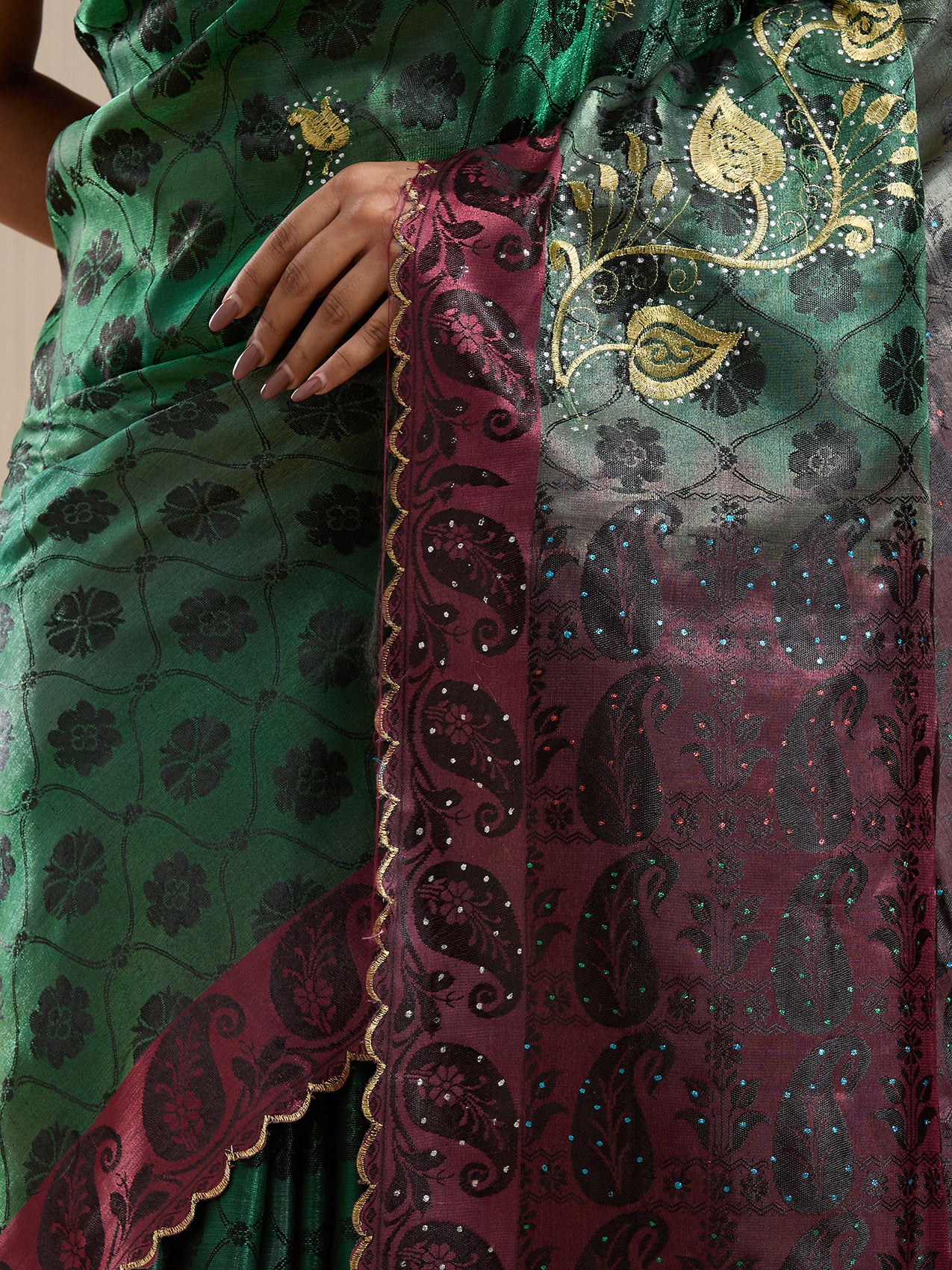 Vervee Couture Green Banarasi Silk Blend Saree with Zari Border and Semi Stitched Blouse | EKA