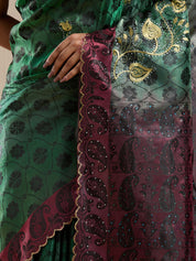 Vervee Couture Green Banarasi Silk Blend Saree with Zari Border and Semi Stitched Blouse | EKA