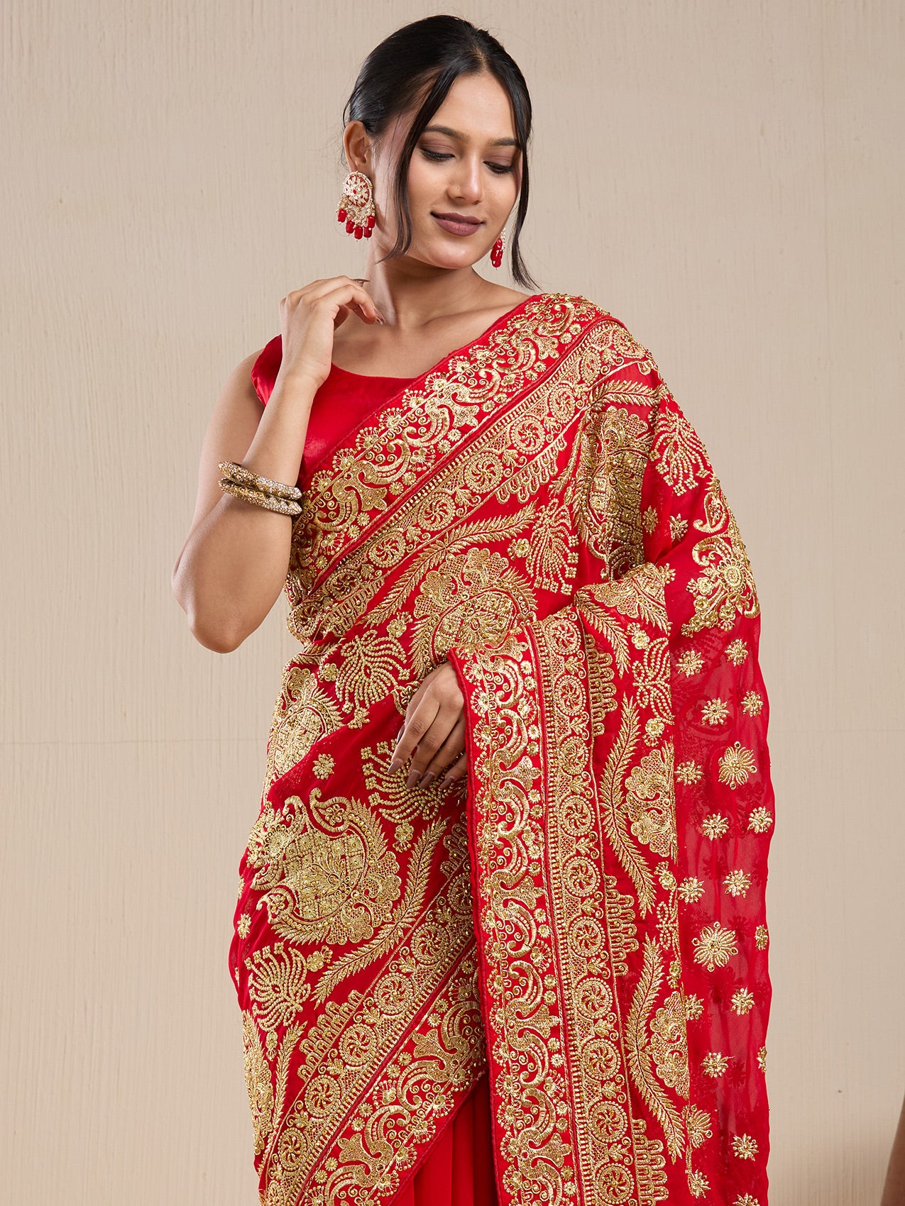Vervee Couture Red Georgette Saree with Embroidered Zari Border | EKA