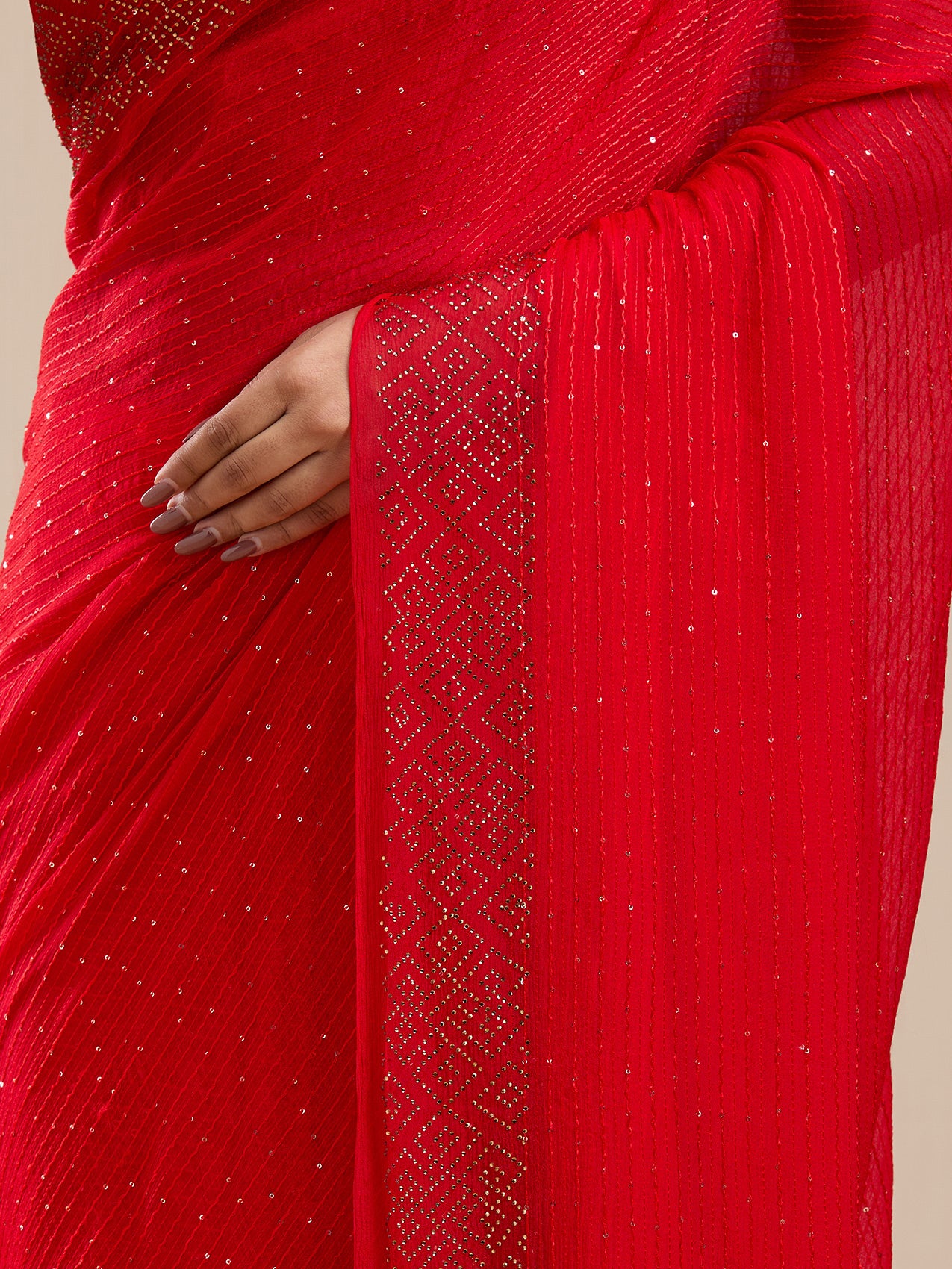 Vervee Couture Red Poly Georgette Saree with Embellished Border and Semi Stitched Blouse | EKA