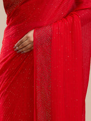 Vervee Couture Red Poly Georgette Saree with Embellished Border and Semi Stitched Blouse | EKA