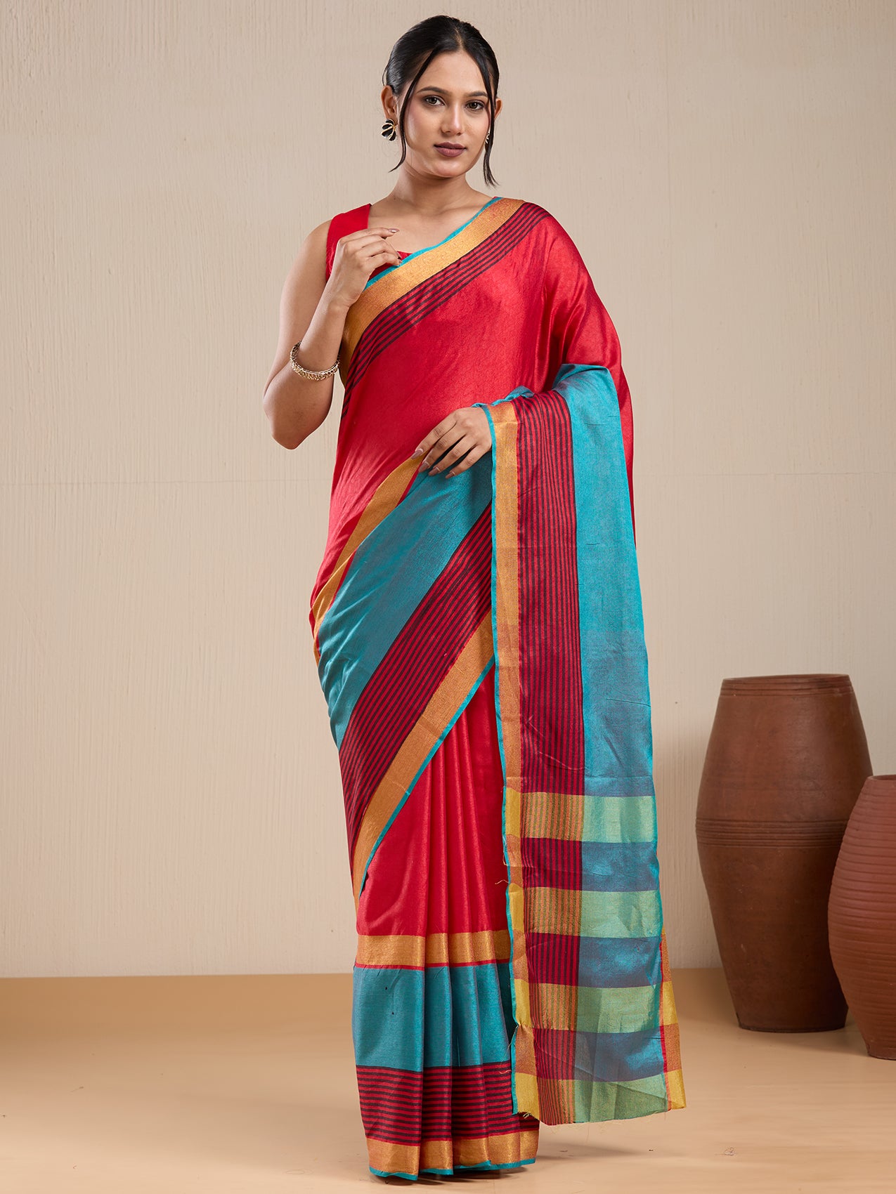 Vervee Couture Red Silk Blend Saree with Contrast Border | EKA