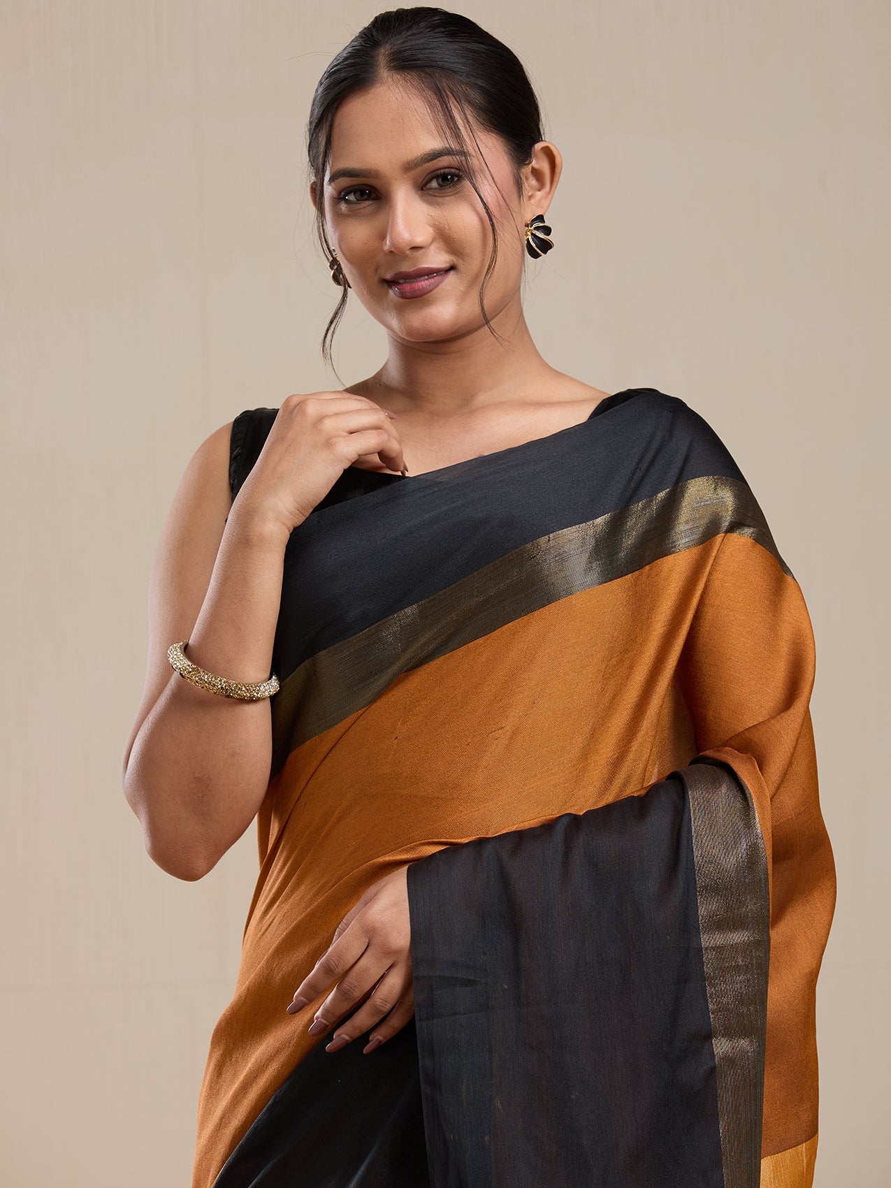 Vervee Couture Mustard Silk Blend Saree with Zari Border and Semi Stitched Blouse | EKA