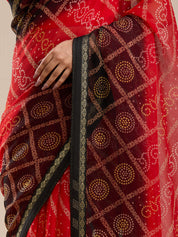 Vervee Couture Red Black Poly Georgette Saree with Contrast Border | EKA