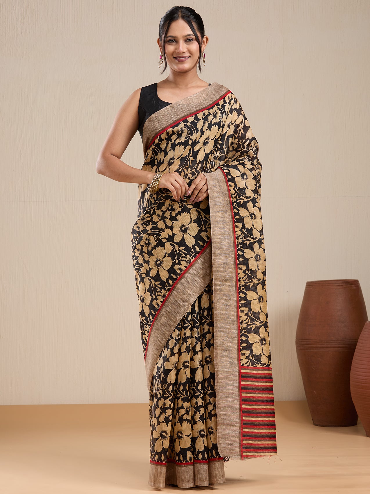 Vervee Couture Black Floral Silk Blend Saree with Contrast Border | EKA