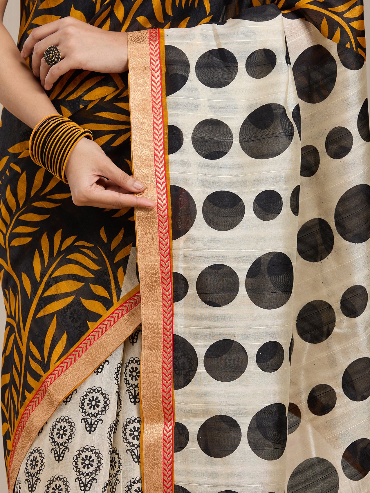 Vervee Couture Mustard Black Floral Poly Georgette Saree | EKA