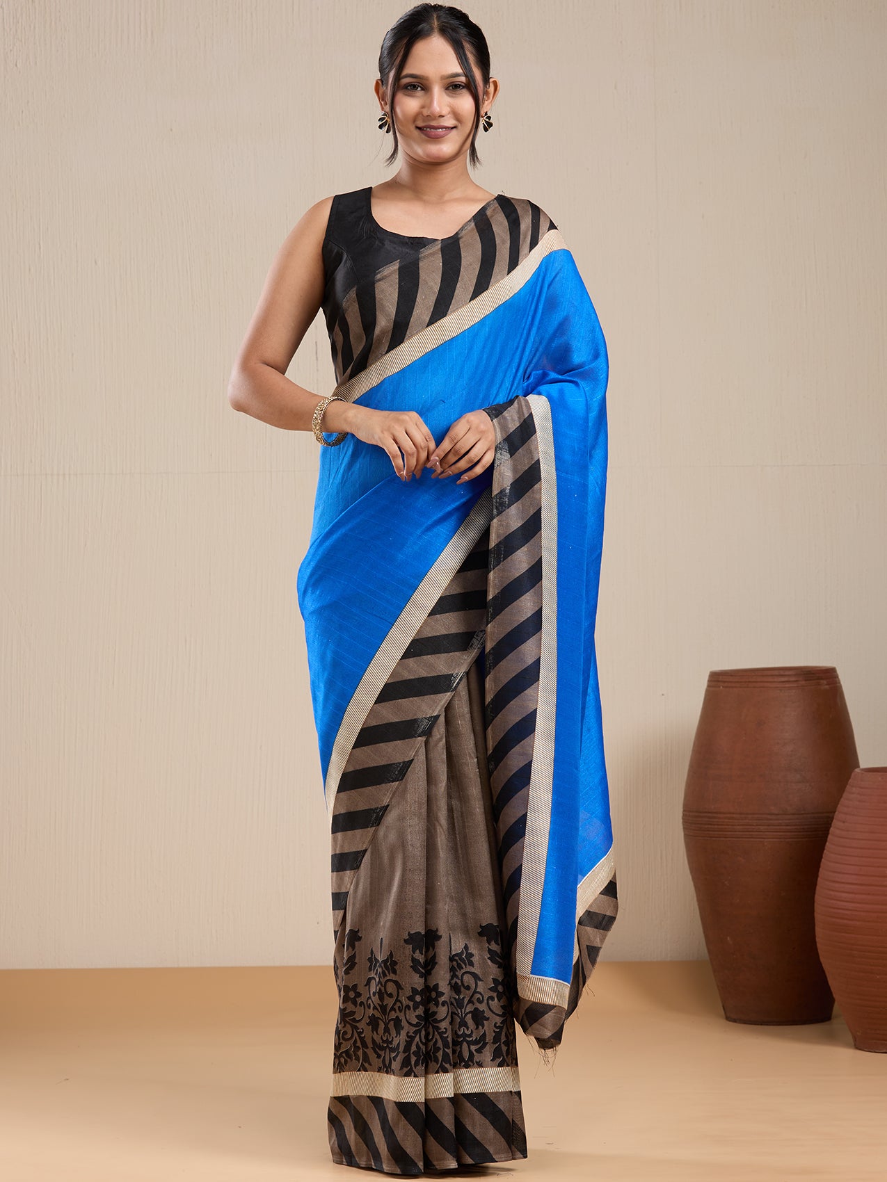 Vervee Couture Blue Striped Silk Blend Saree with Contrast Border and Semi Stitched Blouse | EKA