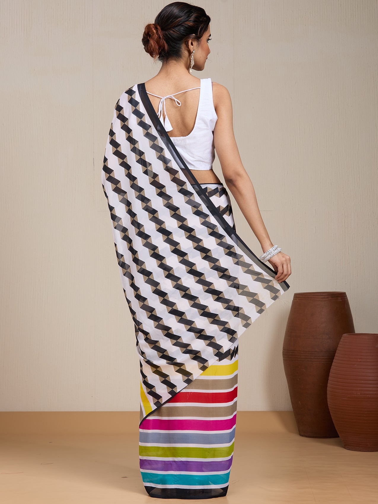 Vervee Couture Multicolor White Striped Poly Georgette Saree | EKA