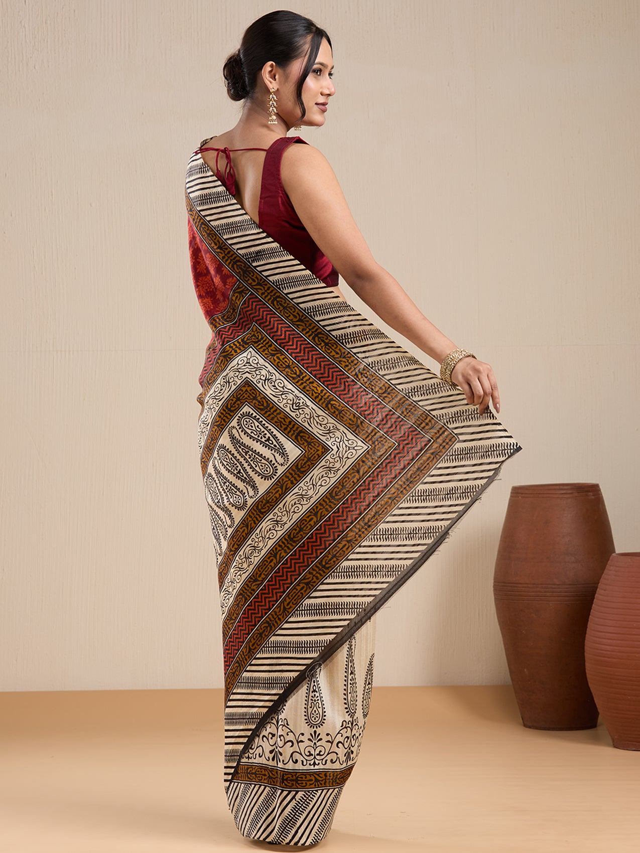 Vervee Couture Maroon Silk Blend Saree with Zari Border and Semi Stitched Blouse | EKA