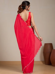 Vervee Couture Red Solid Poly Georgette Saree with Scalloped Border | EKA