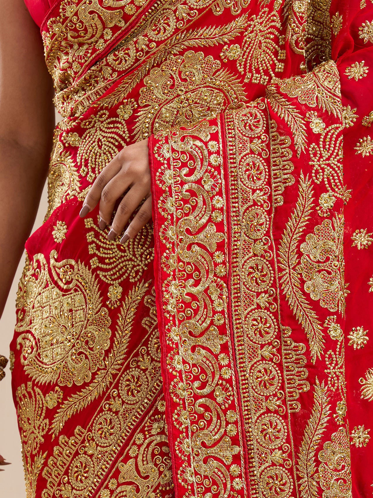 Vervee Couture Red Georgette Saree with Embroidered Zari Border | EKA
