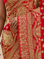 Vervee Couture Red Georgette Saree with Embroidered Zari Border | EKA