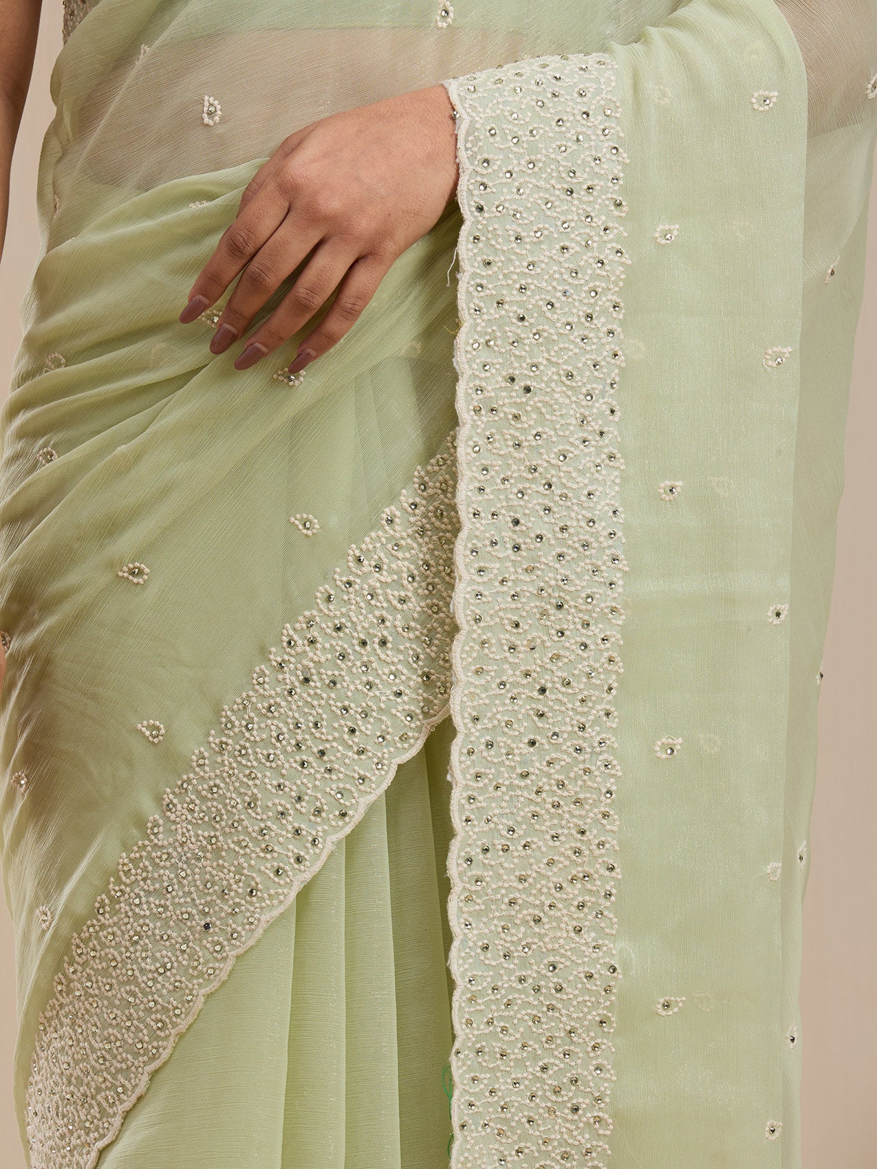 Vervee Couture Green Poly Georgette Saree with Lace Border and Semi Stitched Blouse | EKA