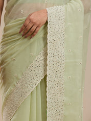 Vervee Couture Green Poly Georgette Saree with Lace Border and Semi Stitched Blouse | EKA