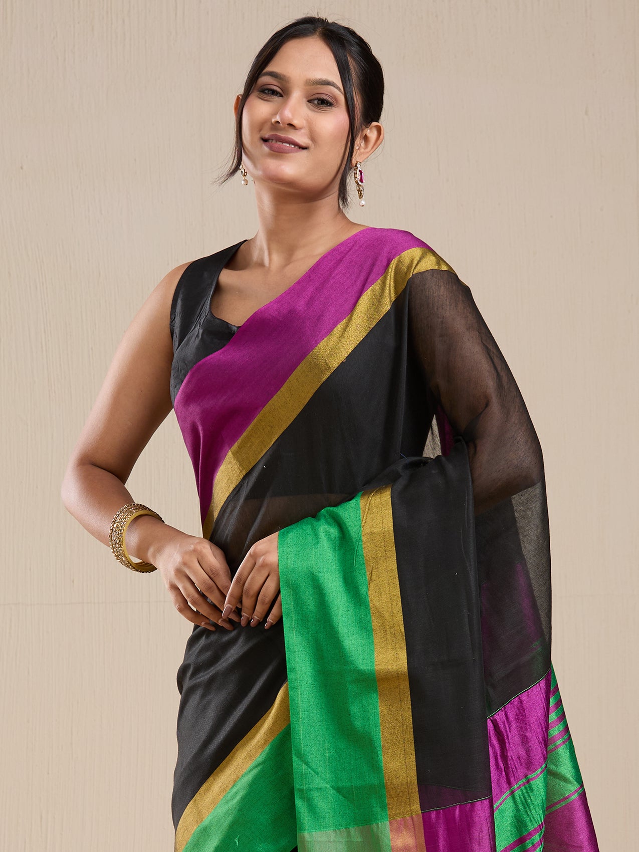 Vervee Couture Black Silk Blend Saree with Zari Border and Semi Stitched Blouse | EKA
